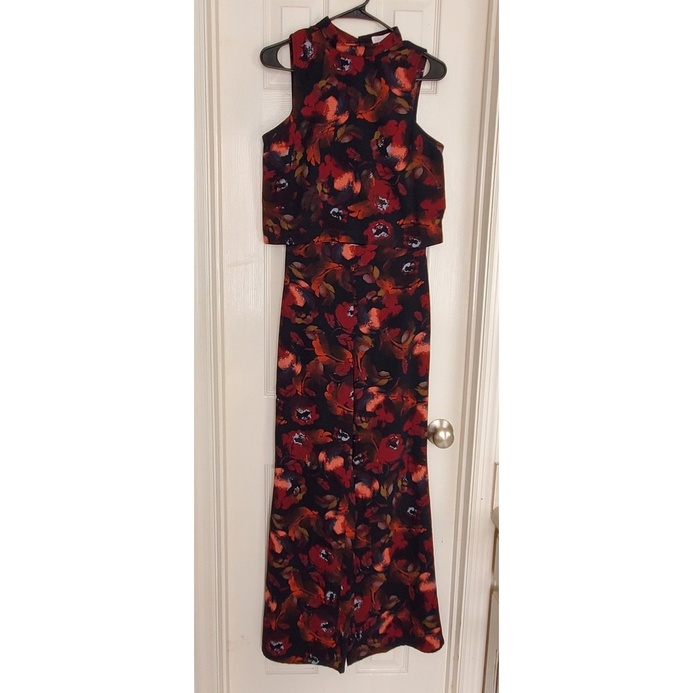 Leith 2-Piece Set Navy Floral Mock Neck Top Wide Leg Pants Autumn Garden S /‎ XS